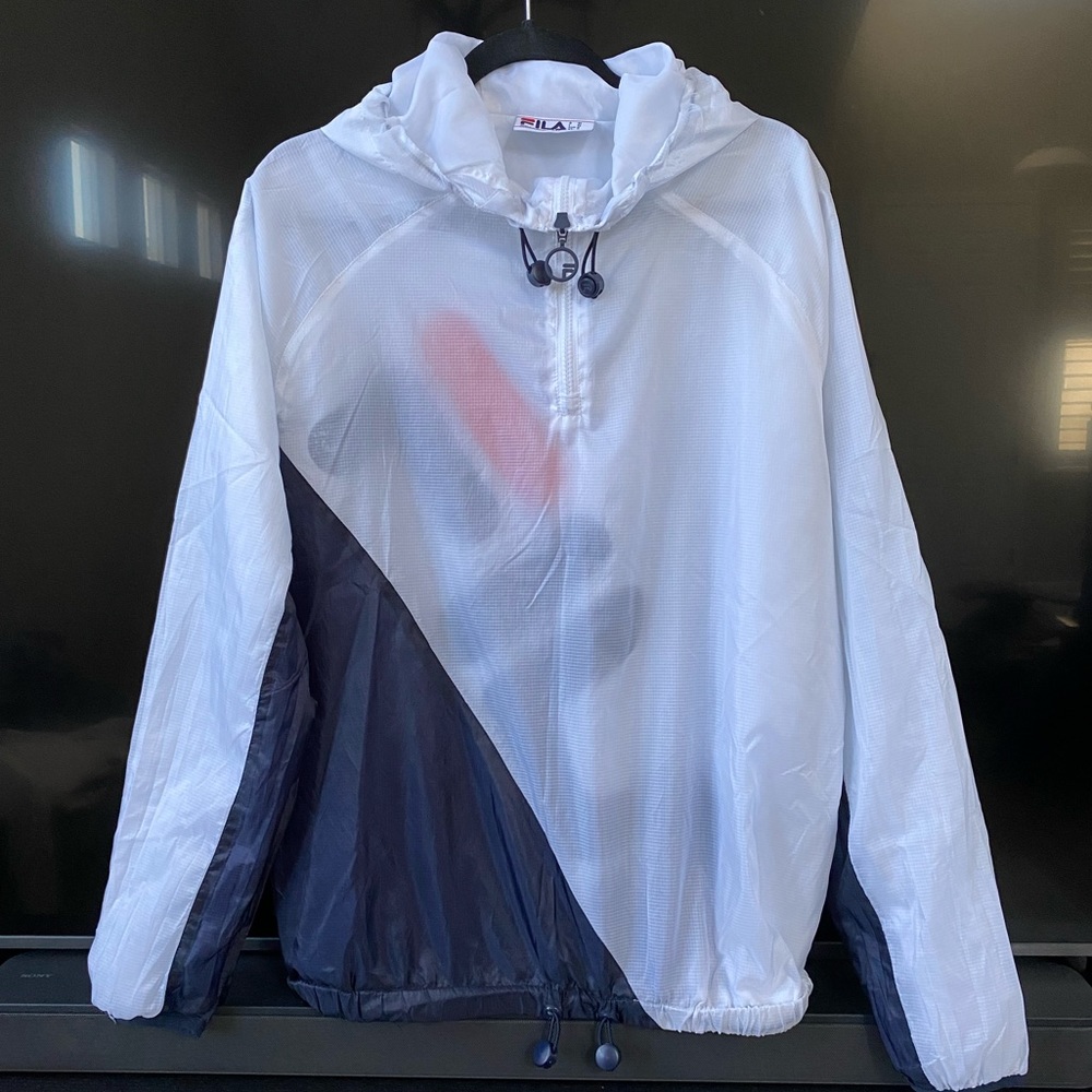 Fila Mens White Blue Hooded Windbreaker, Size M